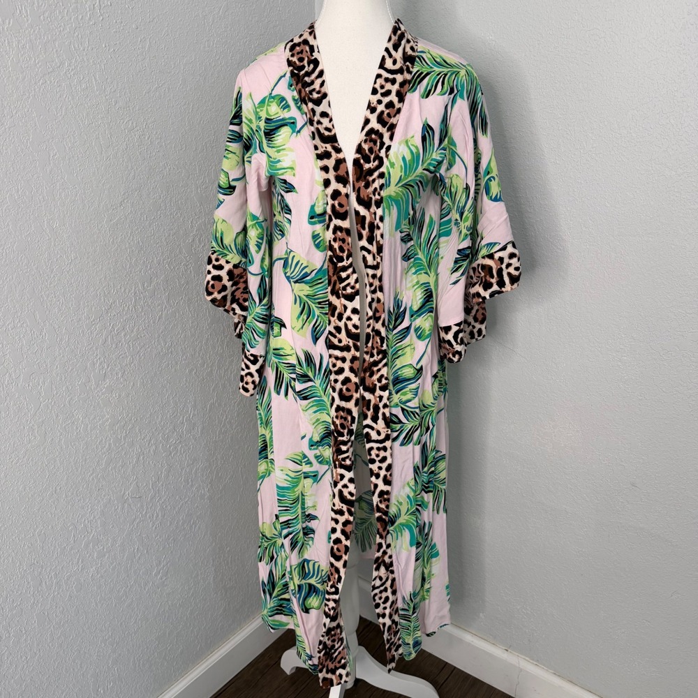 Venus Tropical Palm & Leopard Print Longline Kimono Duster Pink Green Small